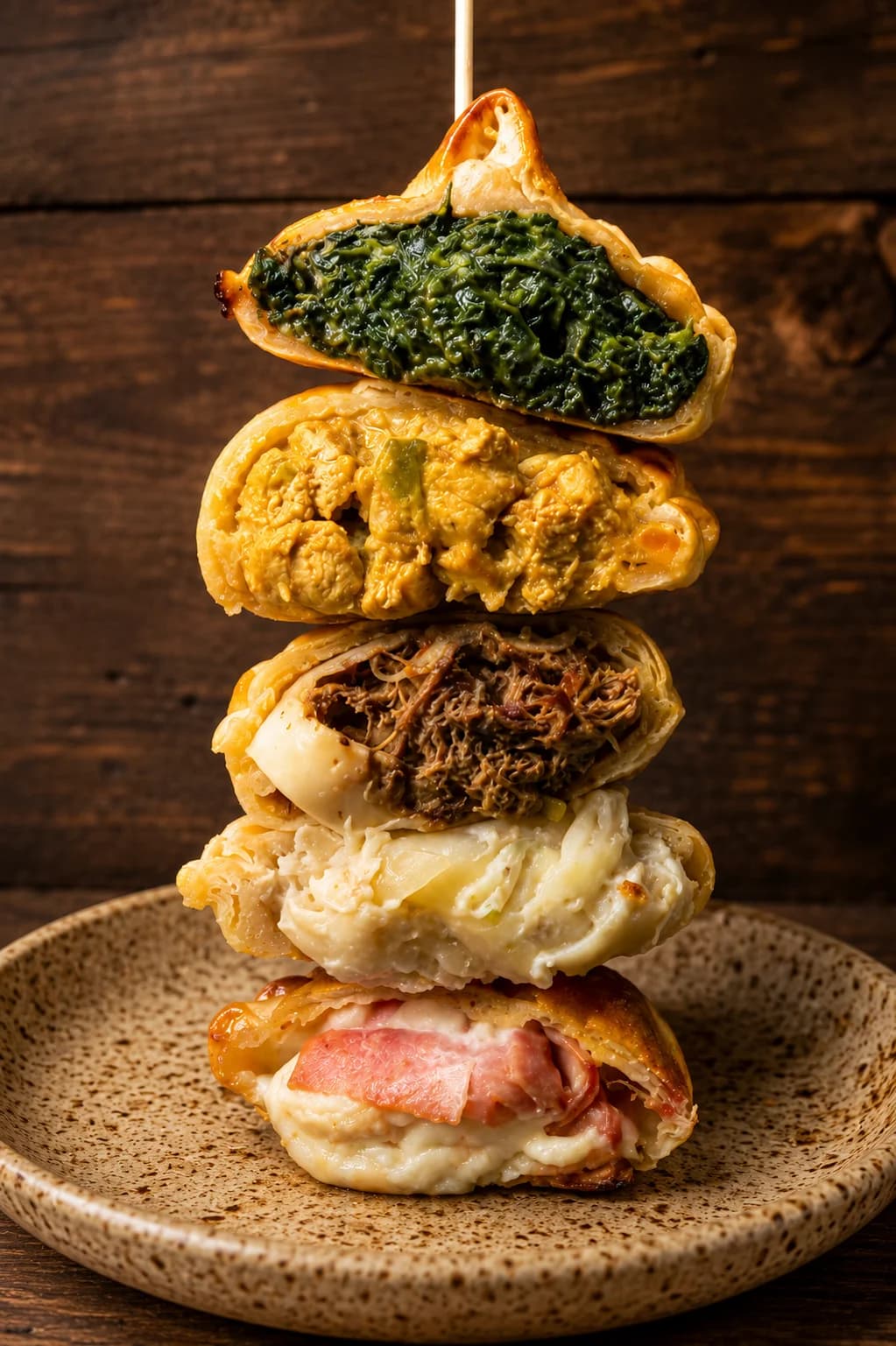 Stack of empanada halves showing five different flavors