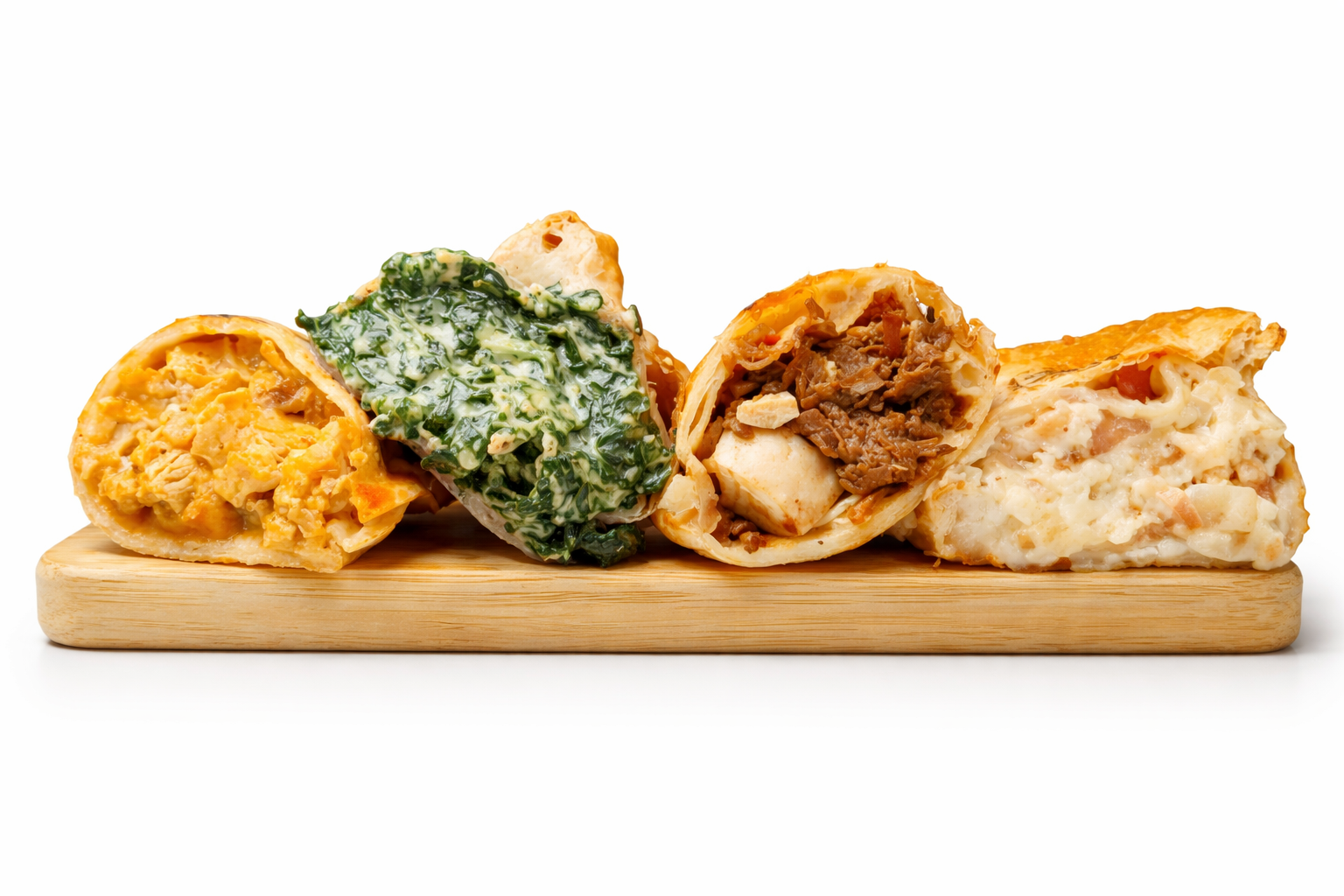 Cross-section of four empanada flavors